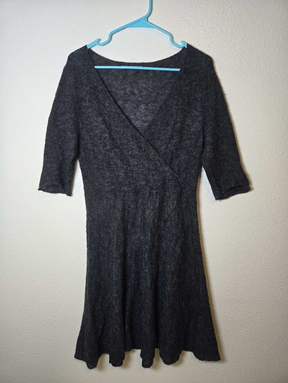 Peruvian Connection Dress Baby Alpaca Wool Knit V Neck Faux Wrap Gray
